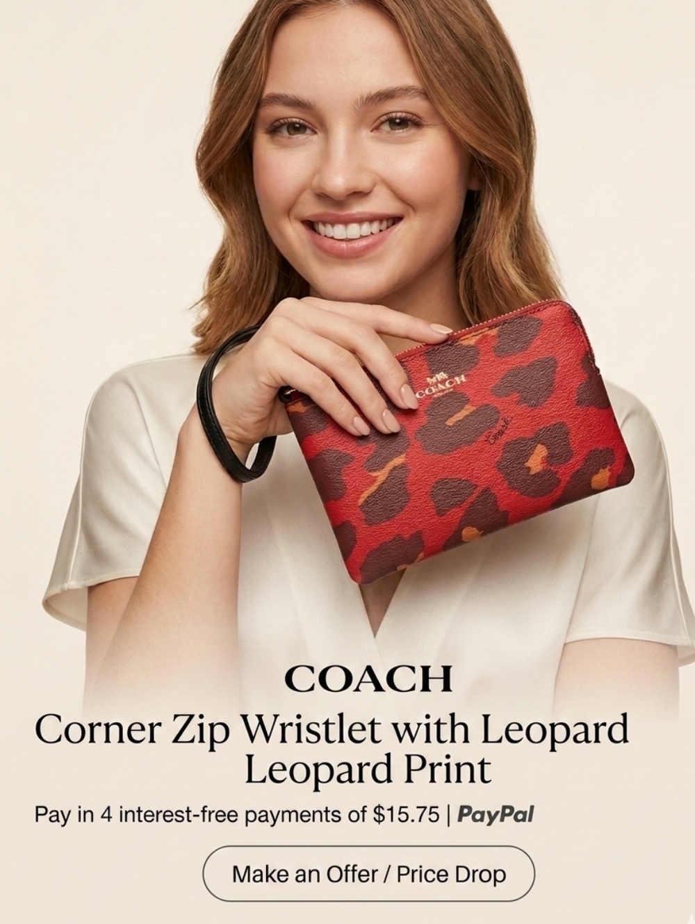 Christmas Gift#COACH# Corner Zip Wristlet with Leopard Print# last available